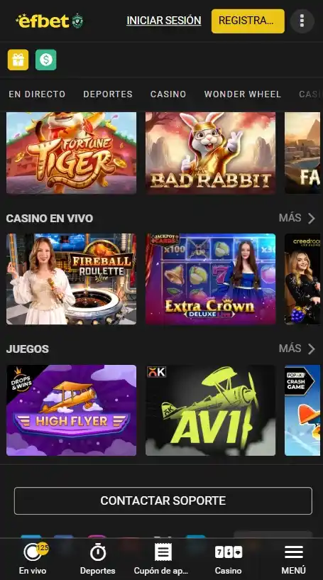 Vista móvil de Efbet con juegos de casino y apuestas