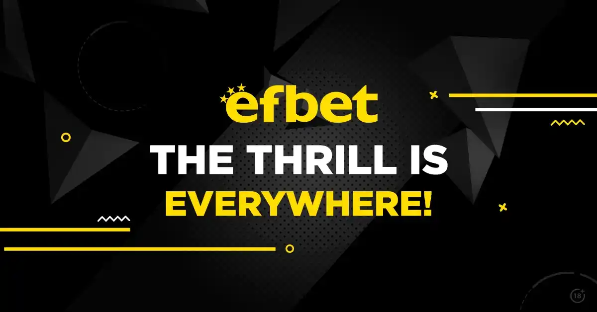 Lema de Efbet: The Thrill is Everywhere en fondo negro con detalles geométricos