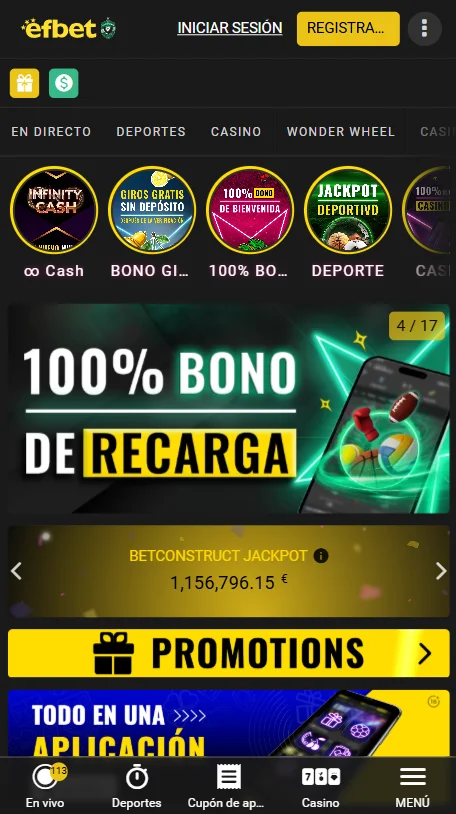 Interfaz móvil de Efbet mostrando bono del 100% y secciones deportivas y de casino