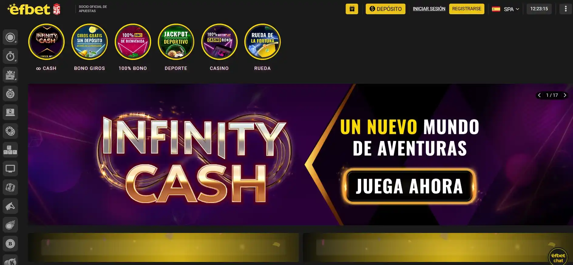 Promoción Infinity Cash de Efbet con botón Juega Ahora en fondo púrpura